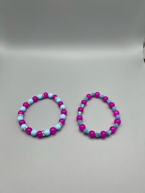 Pink & Light Blue Beaded Stretch Bracelet Set - Handmade #B0297C